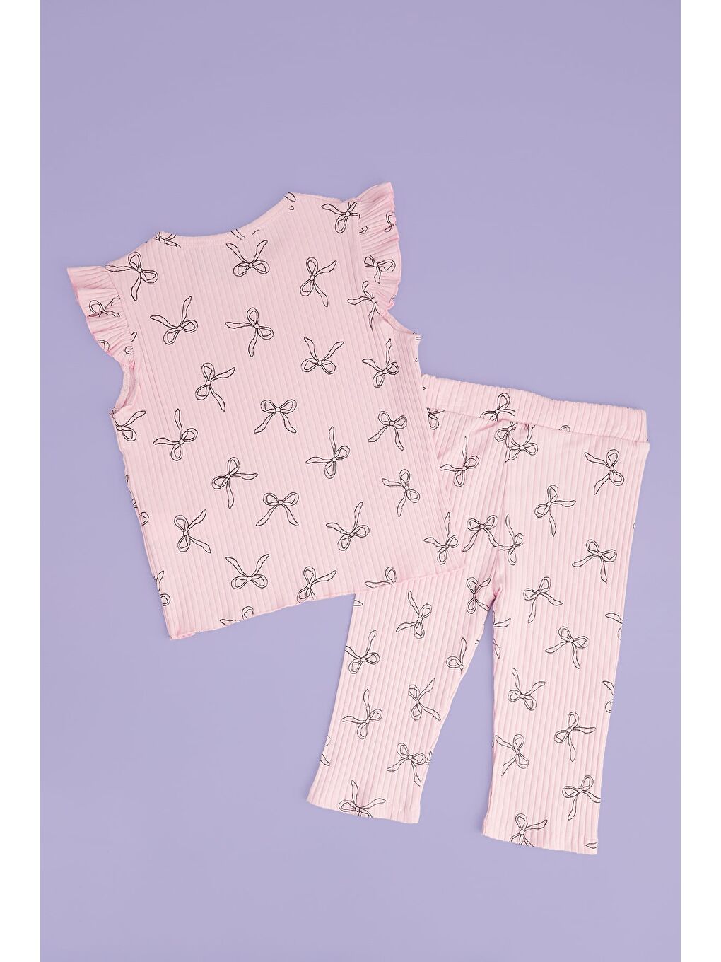 Pembe Fitilli Kurdele Desenli Fırfırlı Kız Çocuk 2 Li Takım-1