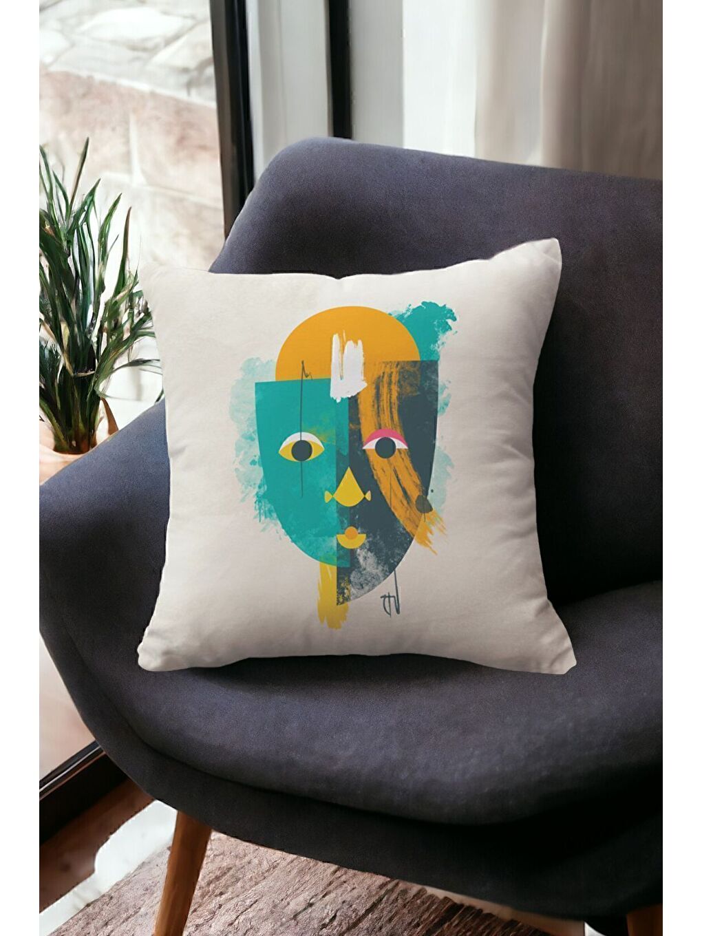 Yeşil Kadife 43x43 Cm Kırlent Kılıfı Dekoratif Yumuşak Salon Soyut Yüz