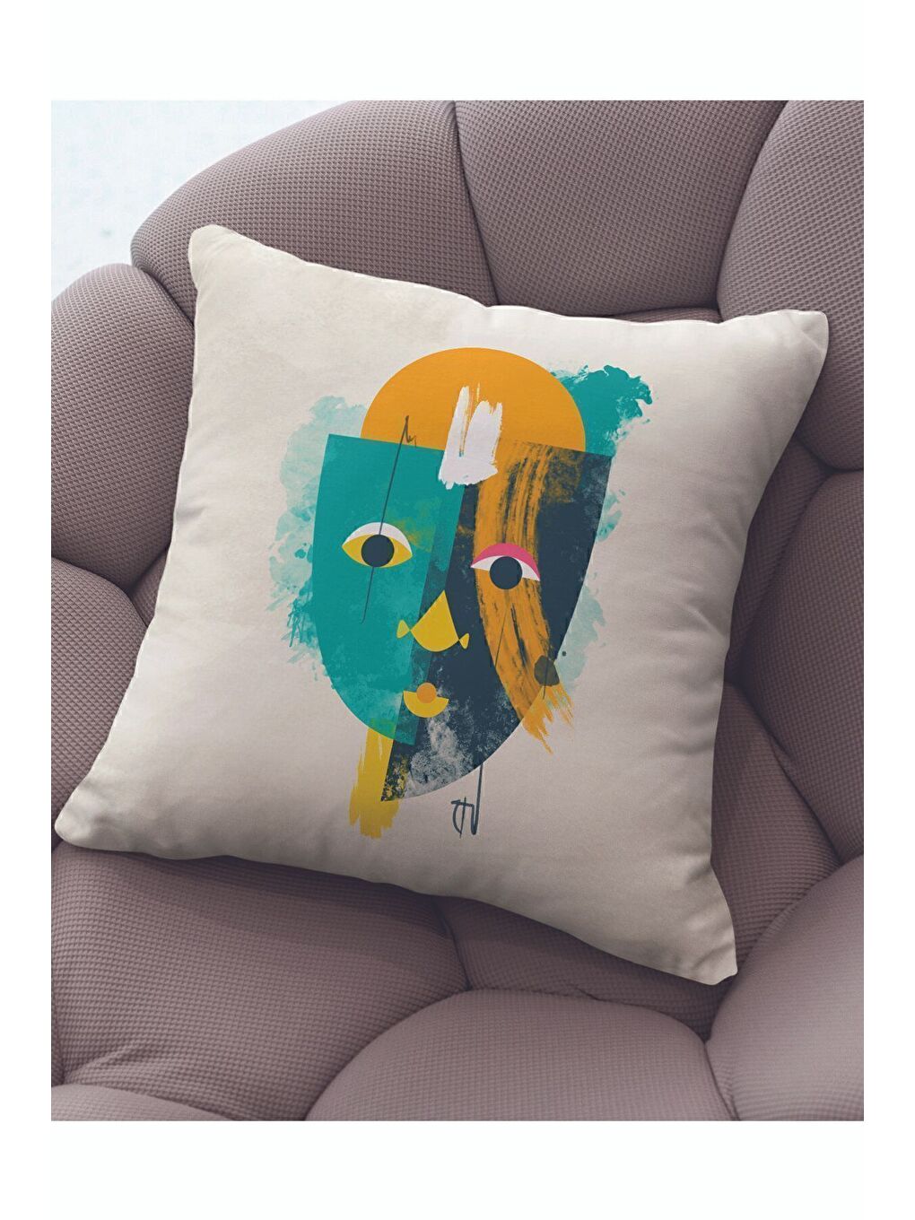 Yeşil Kadife 43x43 Cm Kırlent Kılıfı Dekoratif Yumuşak Salon Soyut Yüz-1