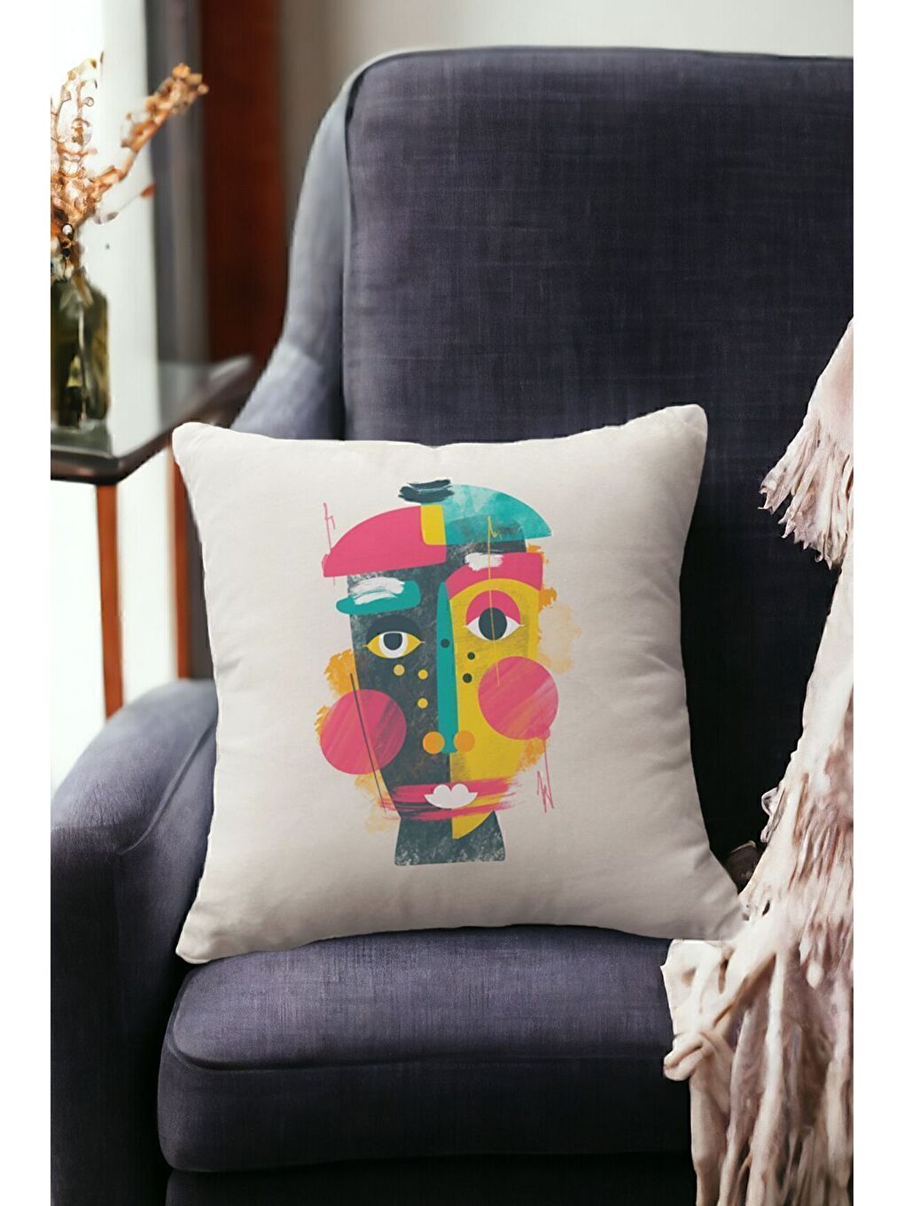 ASDIVA Pembe Kadife 43x43 Cm Kırlent Kılıfı Dekoratif Yumuşak Salon Soyut Yüz