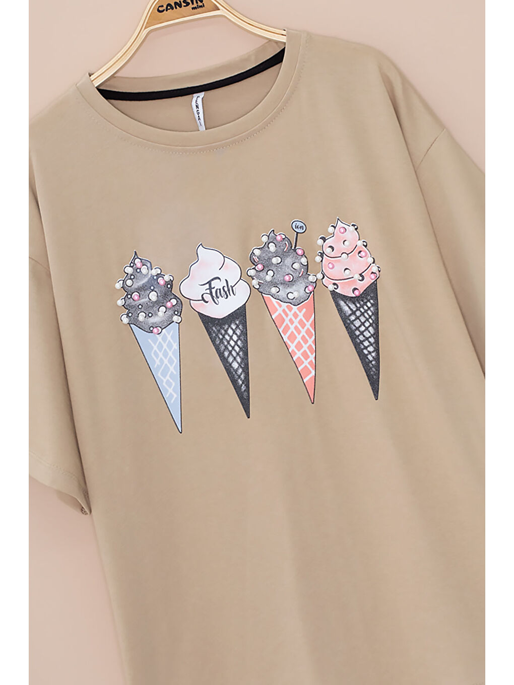 Kahverengi Kahve Dondurma Baskılı Taşlı Kız Çocuk Kısa Kol Oversize Tişört 20795-1