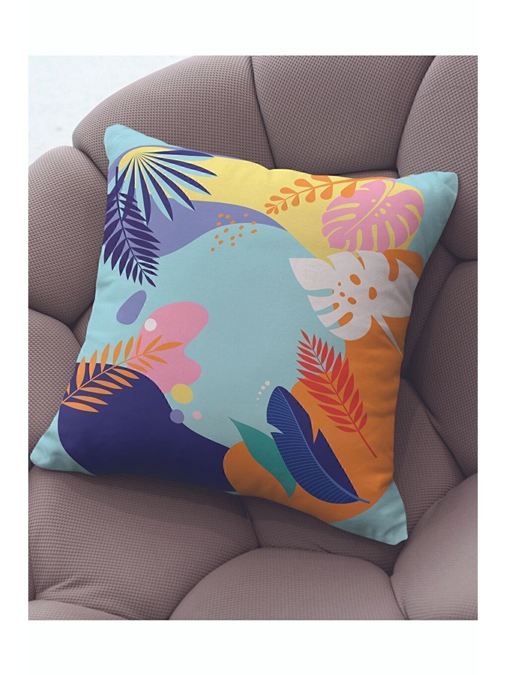 Turkuaz Kadife 43x43 Cm Kırlent Kılıfı Dekoratif Yumuşak Salon Yaprak Soyut-1