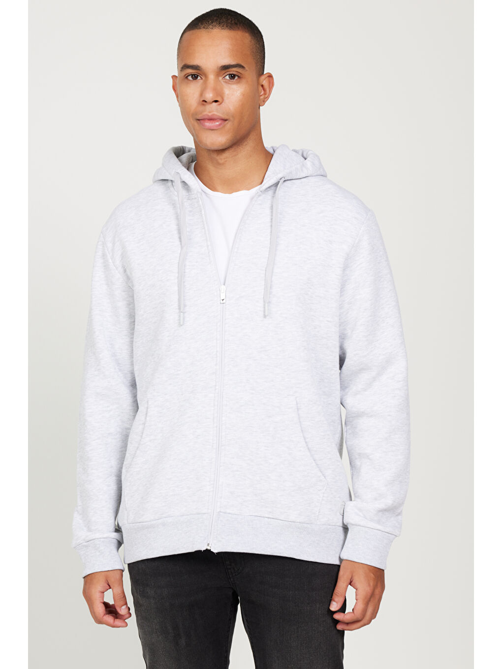 Beyaz Erkek Kar Melanj Standart Fit Normal Kesim Kapüşonlu Fermuarlı Sweatshirt-2