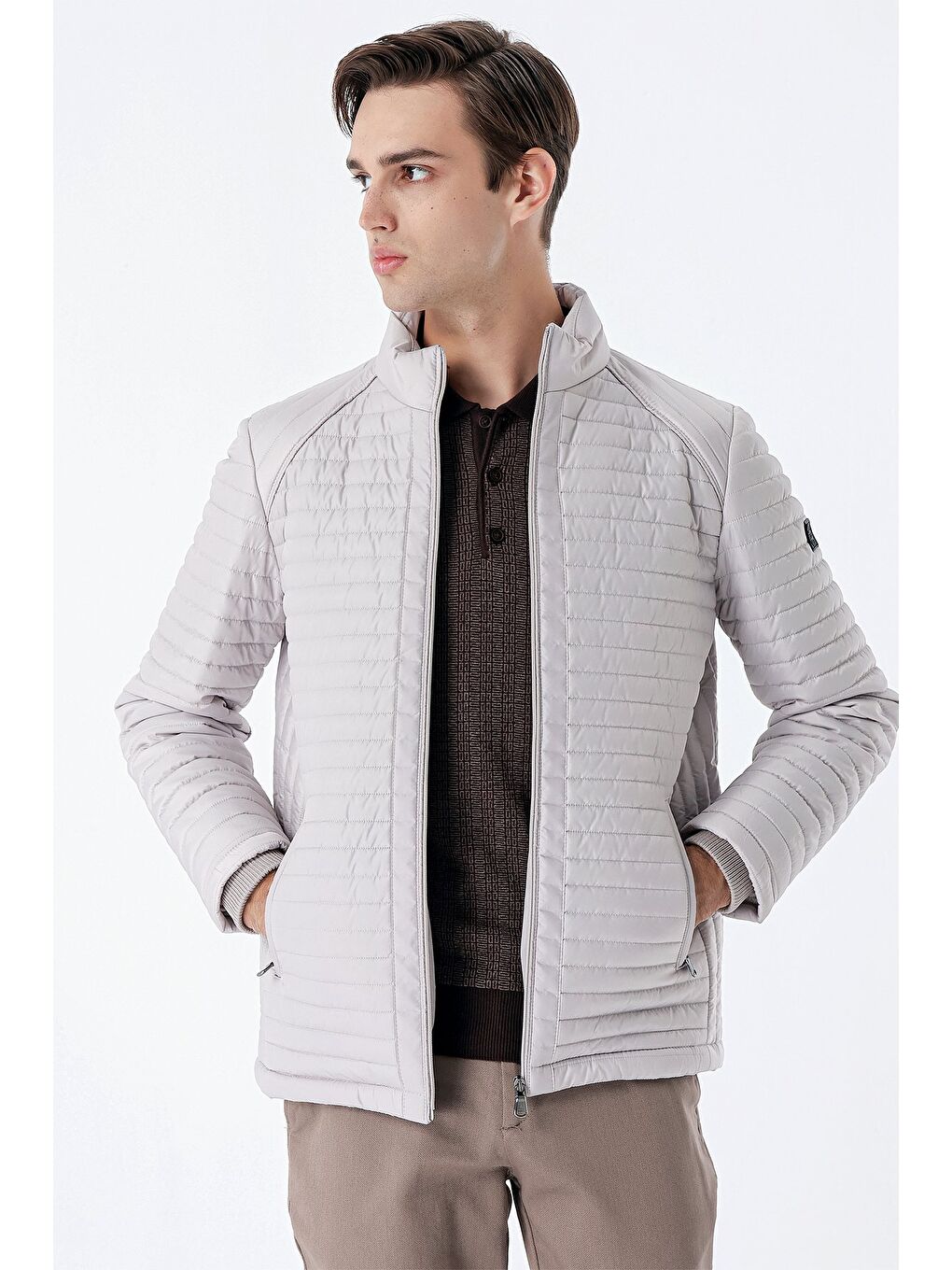 Bej Taş Rengi Kapitone Dolumlu Dik Yaka Astarlı Slim Fit Dar Kesim Casual Mont 1007235164