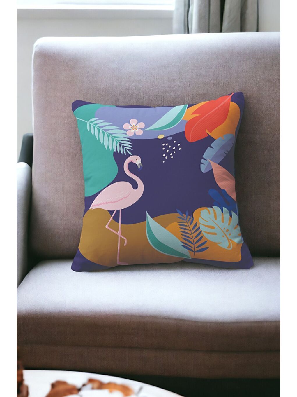ASDIVA Mor Kadife 43x43 Cm Kırlent Kılıfı Dekoratif Yumuşak Salon Flamingo Yaprak