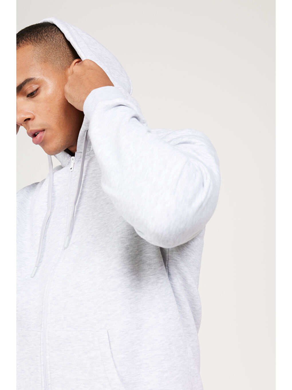 Beyaz Erkek Kar Melanj Standart Fit Normal Kesim Kapüşonlu Fermuarlı Sweatshirt-4