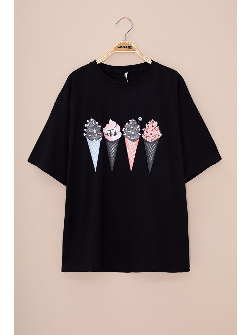 Siyah Dondurma Baskılı Taşlı Kız Çocuk Kısa Kol Oversize Tişört 20797