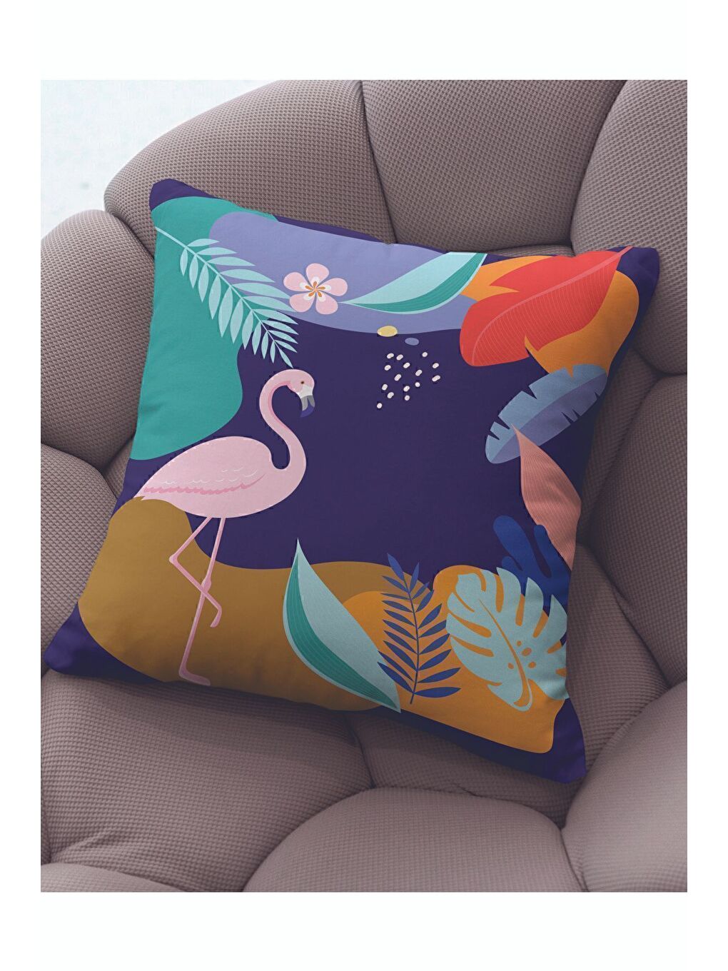 ASDIVA Mor Kadife 43x43 Cm Kırlent Kılıfı Dekoratif Yumuşak Salon Flamingo Yaprak - 1