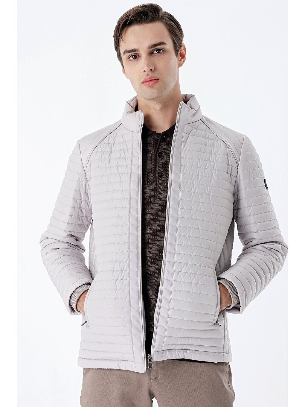 Bej Taş Rengi Kapitone Dolumlu Dik Yaka Astarlı Slim Fit Dar Kesim Casual Mont 1007235164-4