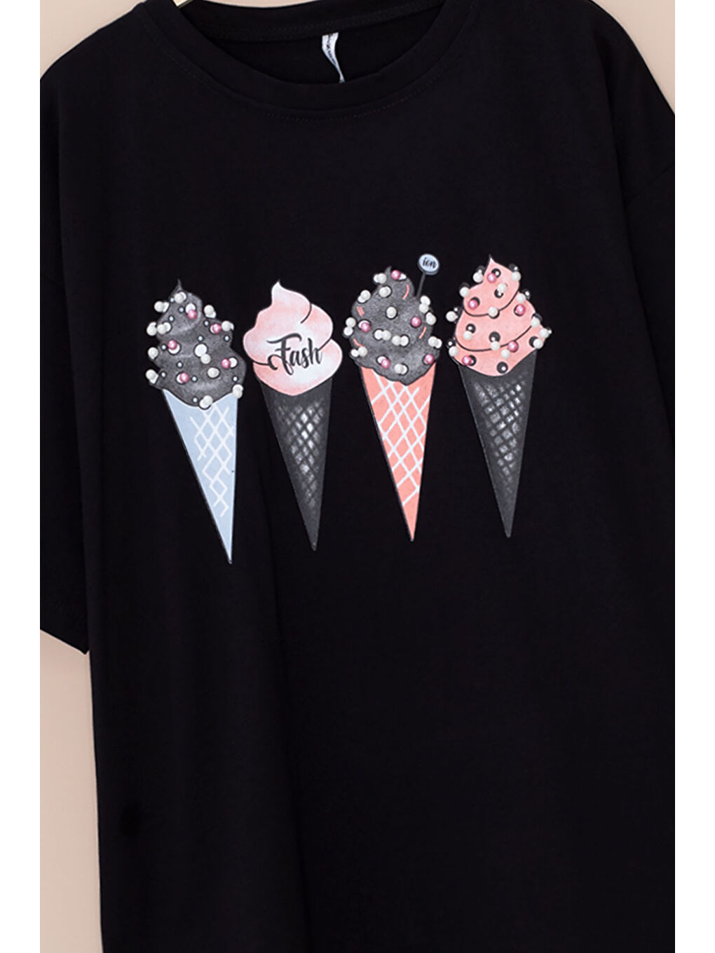 Siyah Dondurma Baskılı Taşlı Kız Çocuk Kısa Kol Oversize Tişört 20797-1