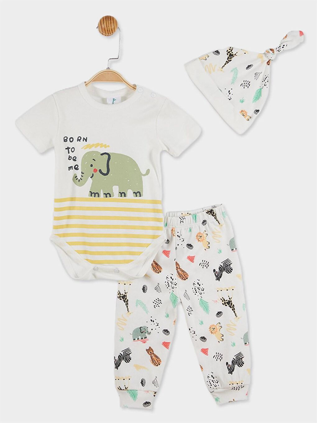 Ekru Erkek Bebek Body Şapka ve Alt 3'lü Set 20748