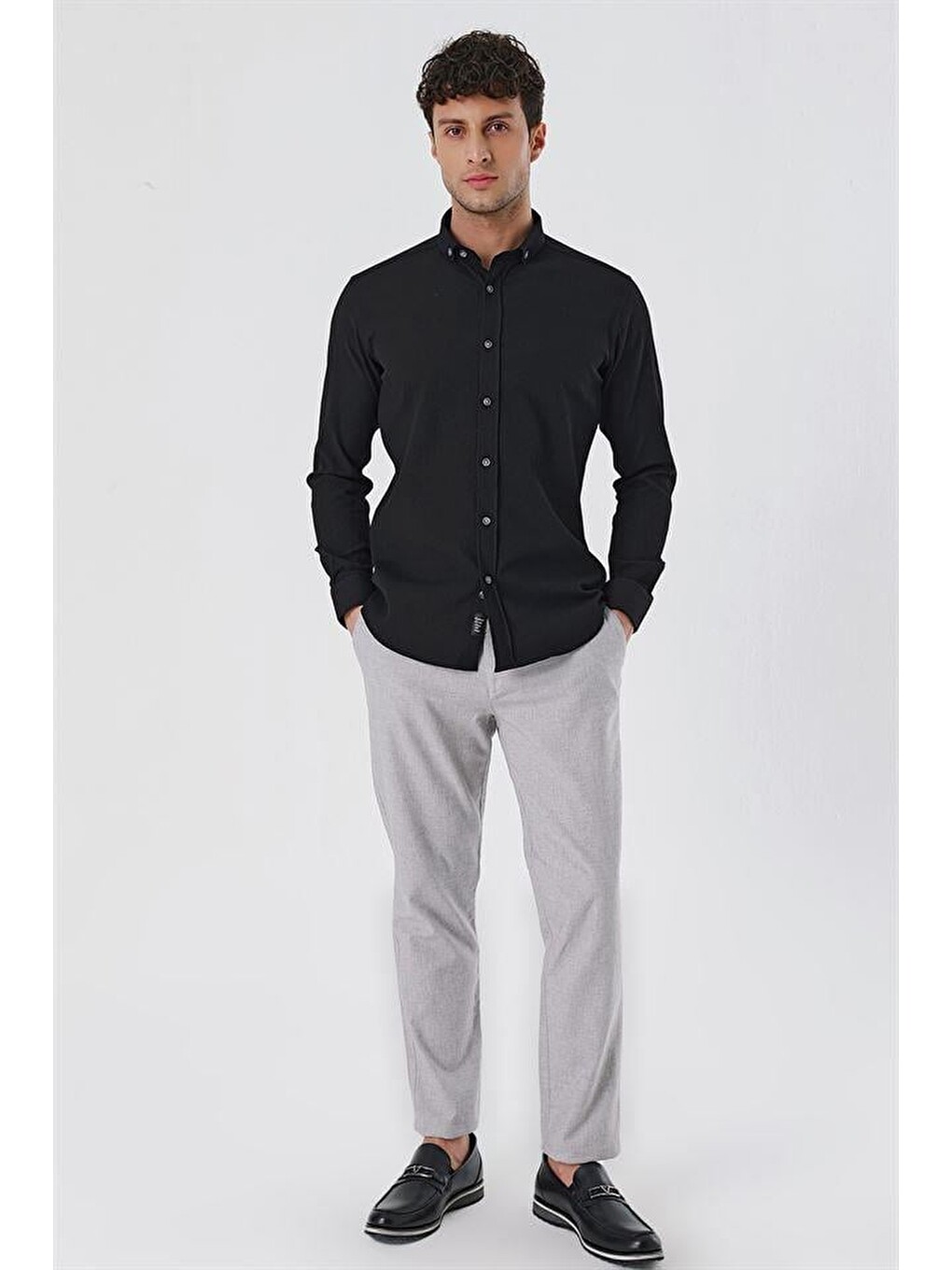 Siyah Uzun Kollu Gofreli Cepsiz Pamuklu Elastanlı Klasik Slim Fit Dar Kesim Gömlek 1004230178-1