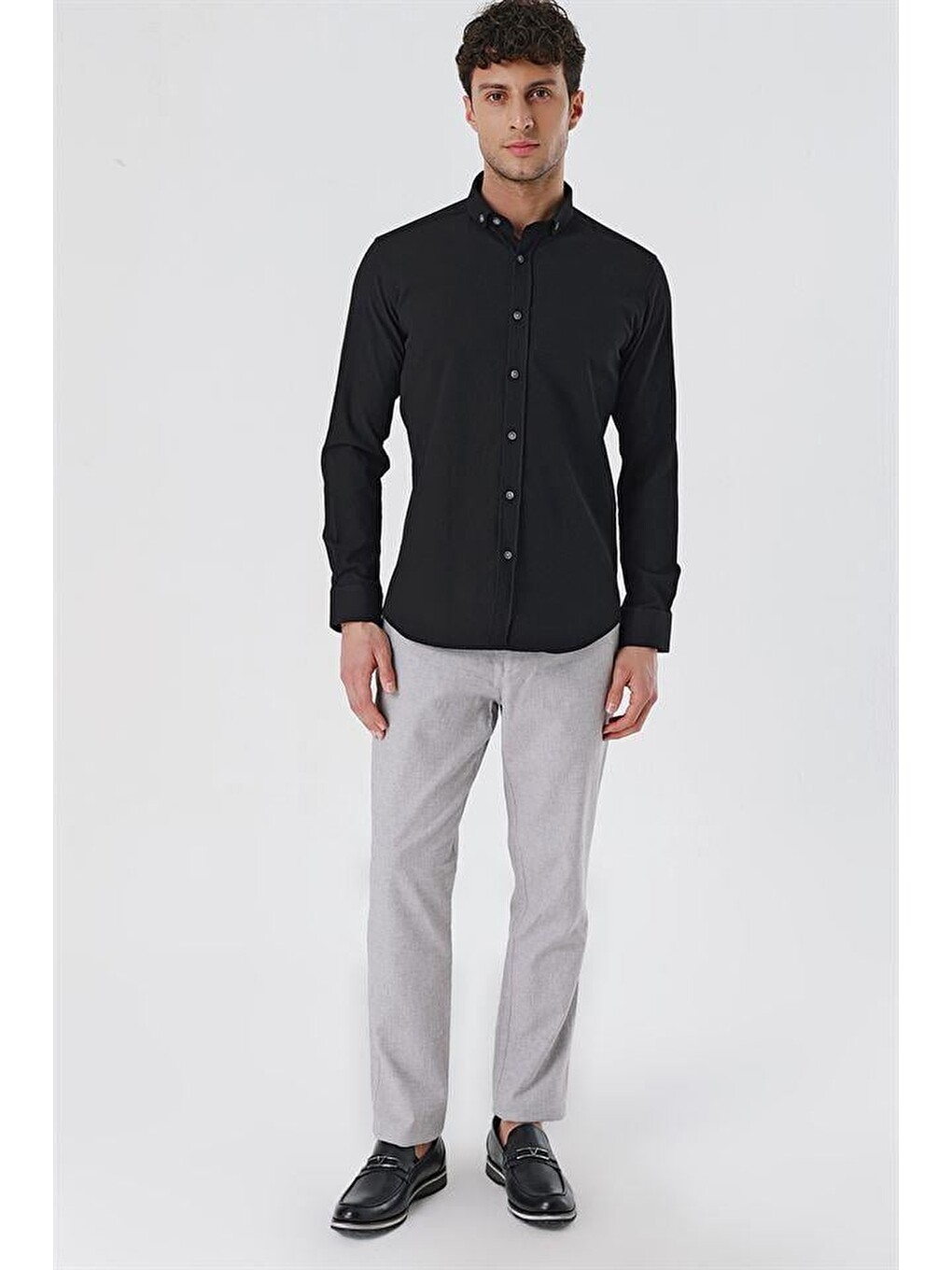 Siyah Uzun Kollu Gofreli Cepsiz Pamuklu Elastanlı Klasik Slim Fit Dar Kesim Gömlek 1004230178-2