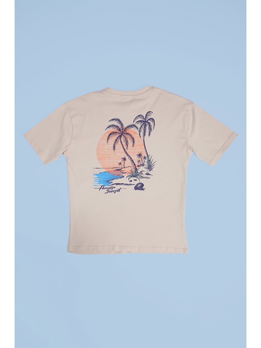 Bej %100 Pamuk Yazı Ve Palmiye Baskılı Oversize Erkek Çocuk Tişört-1