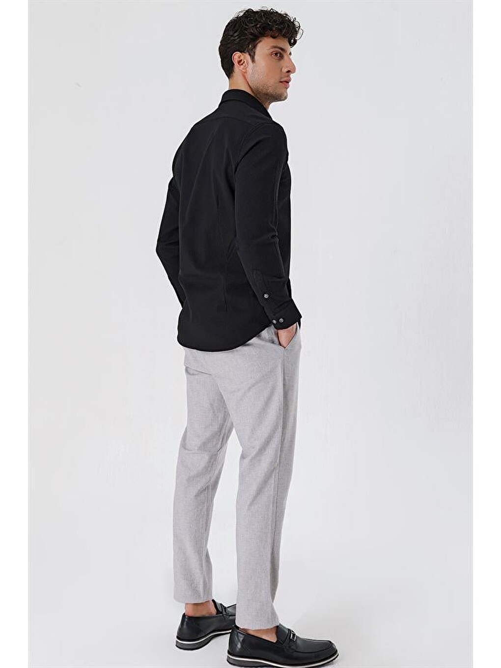 Siyah Uzun Kollu Gofreli Cepsiz Pamuklu Elastanlı Klasik Slim Fit Dar Kesim Gömlek 1004230178-6