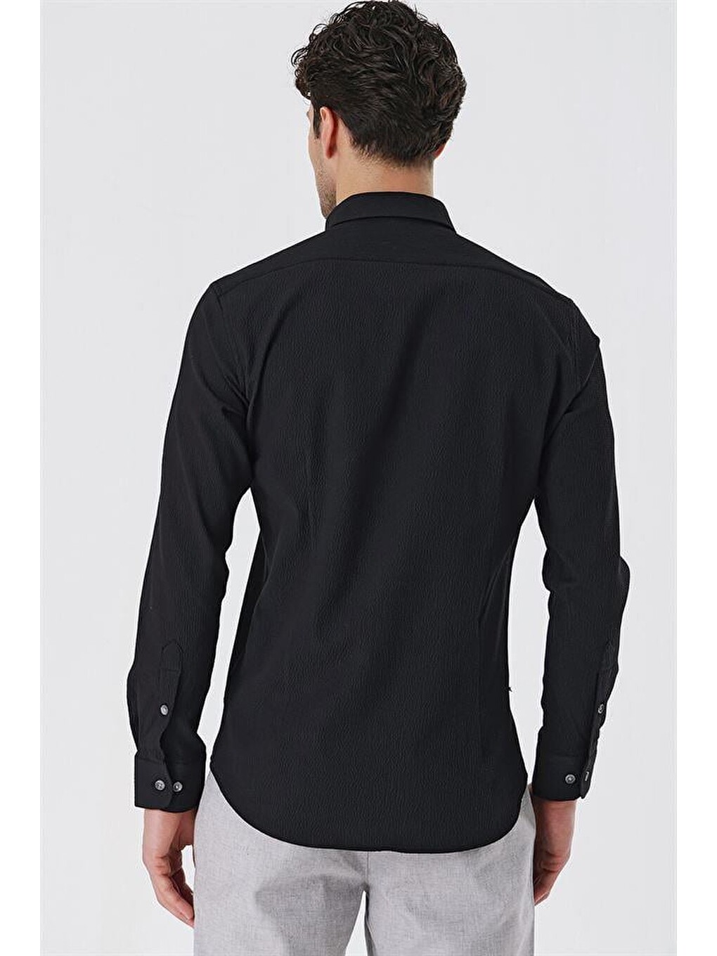 Siyah Uzun Kollu Gofreli Cepsiz Pamuklu Elastanlı Klasik Slim Fit Dar Kesim Gömlek 1004230178-7