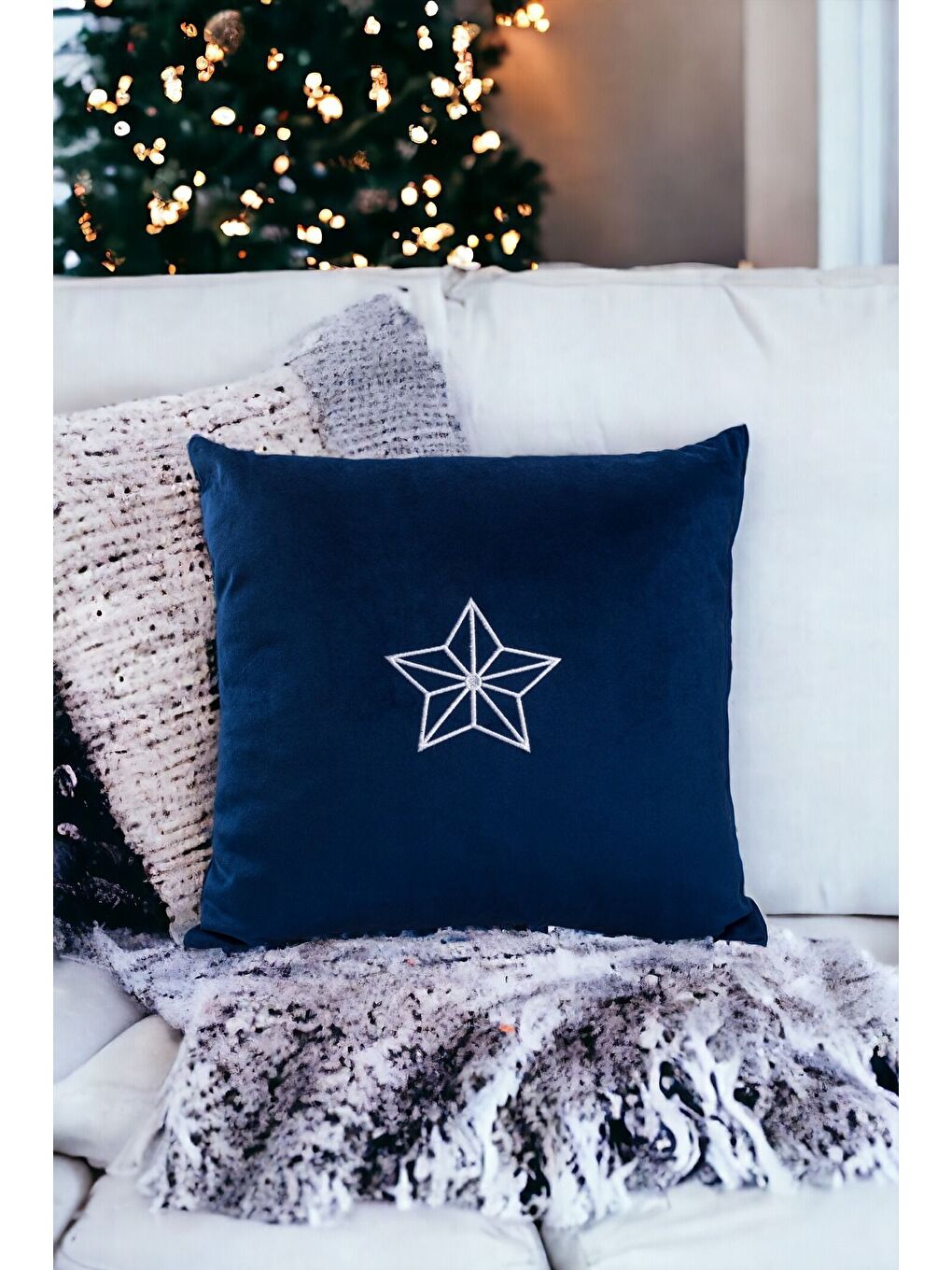 Lacivert Yılbaşı Nakışlı Kırlent Kılıfı Mavi Yeni Yıl  Temalı 43X43-1