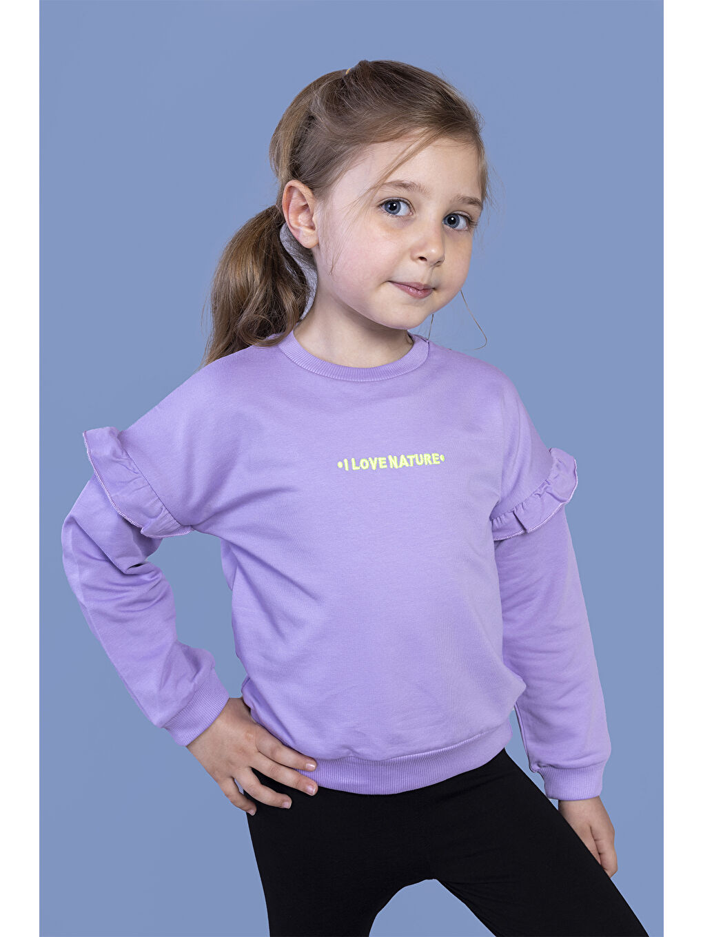 Toontoykids Lila Kız Çocuk Kolları Fırfır Detaylı Nakışlı Sweatshirt