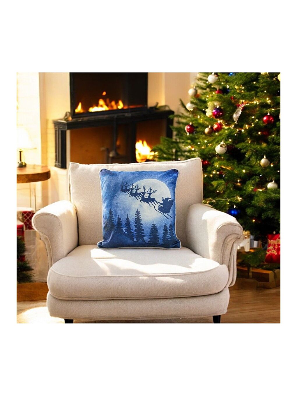 Yılbaşı Kırlent Kılıfı  Mavi Yeni Yıl Noel Kar Temalı Biyeli 43X43-1