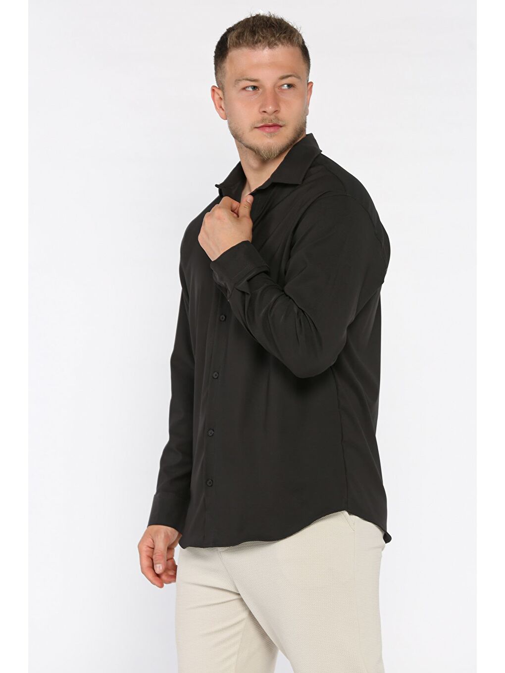 Antrasit Erkek Uzun Kol Elastanlı Oversize Gömlek