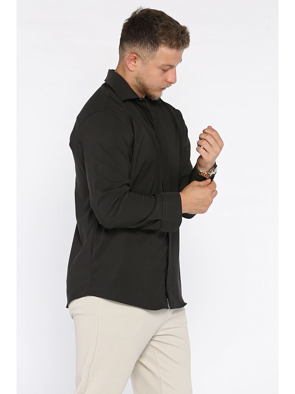 Antrasit Erkek Uzun Kol Elastanlı Oversize Gömlek-1