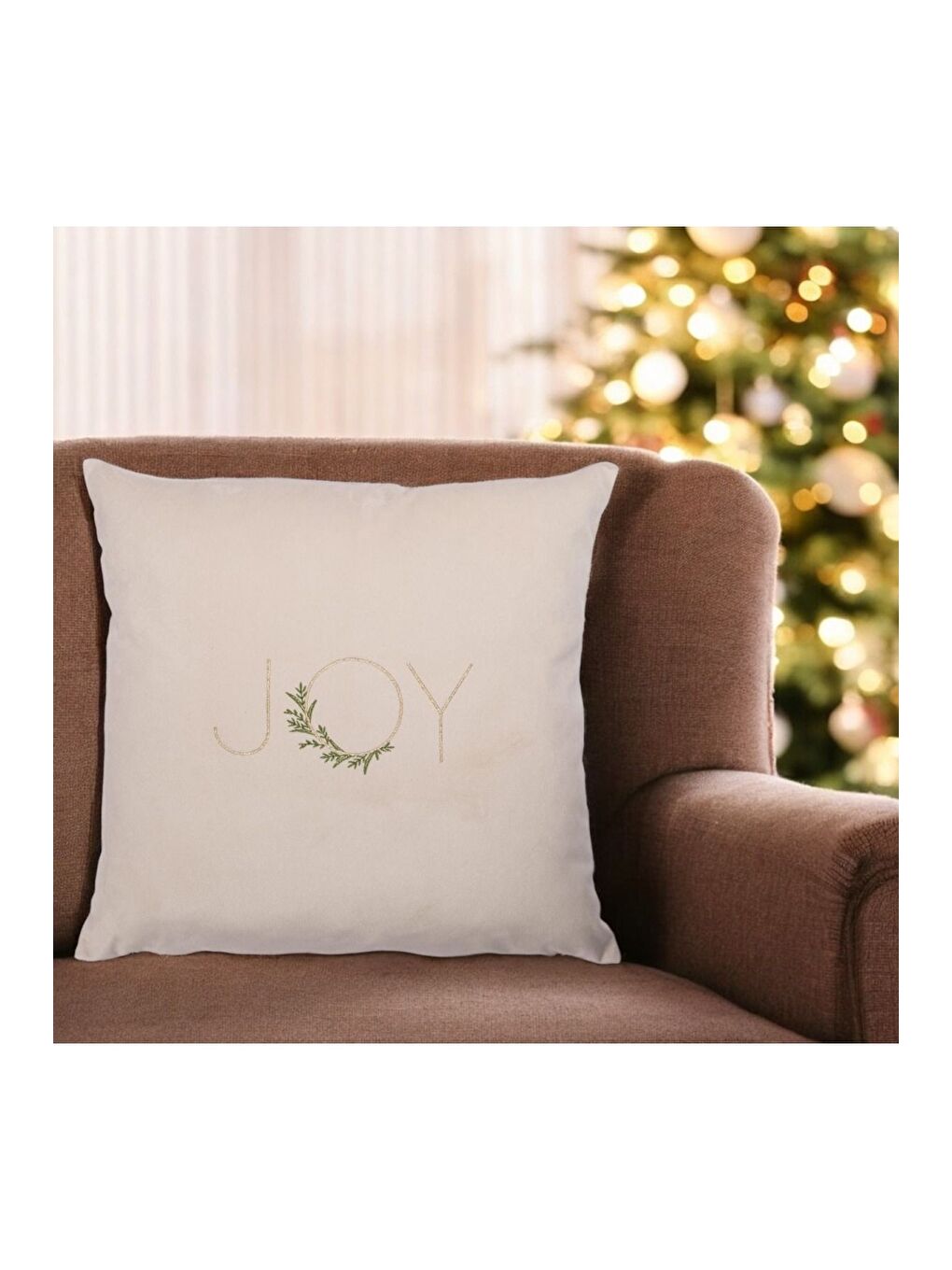 Yılbaşı Kırlent Kılıfı Bej Zemin Nakışlı Minimal Joy yazılı  Yeni Yıl 43x43