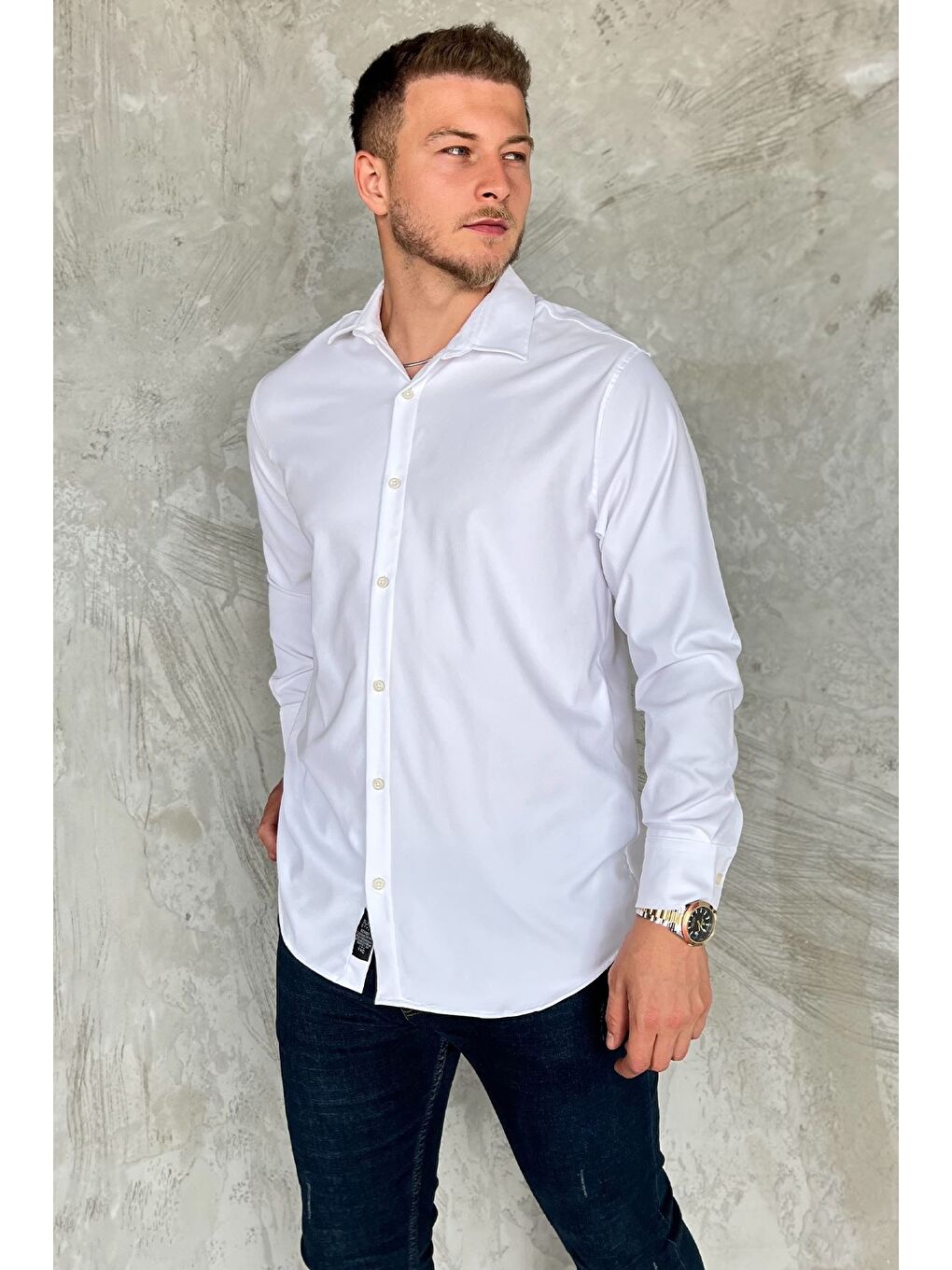 Beyaz Erkek Uzun Kol Elastanlı Oversize Gömlek