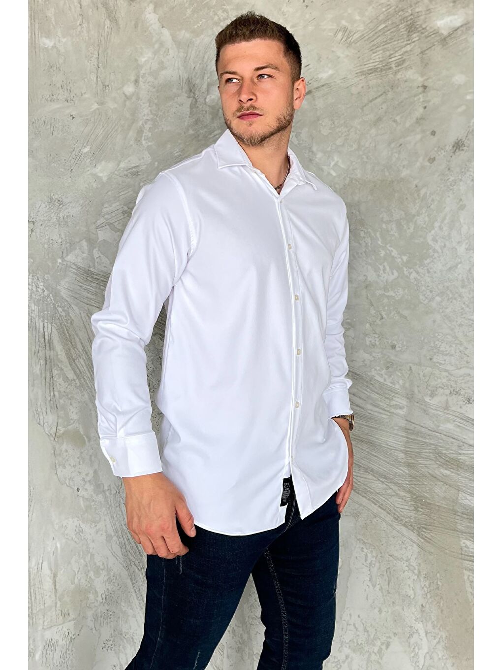 Beyaz Erkek Uzun Kol Elastanlı Oversize Gömlek-1