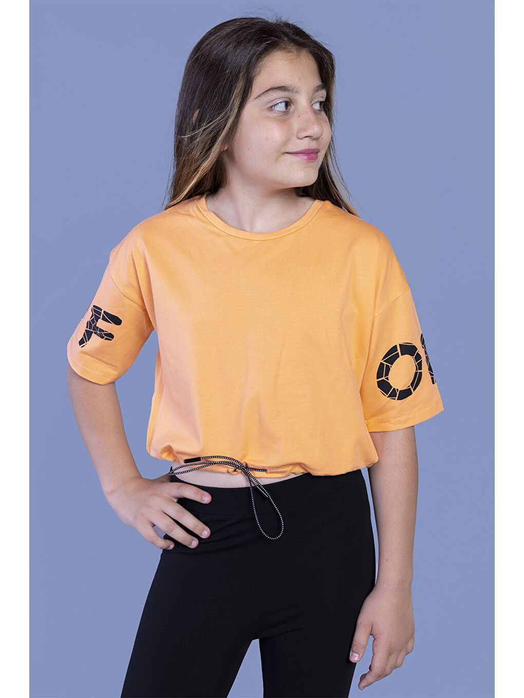 Turuncu Kız Çocuk Baskılı Crop Tişört