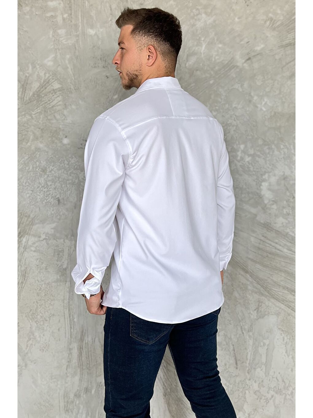 Beyaz Erkek Uzun Kol Elastanlı Oversize Gömlek-2
