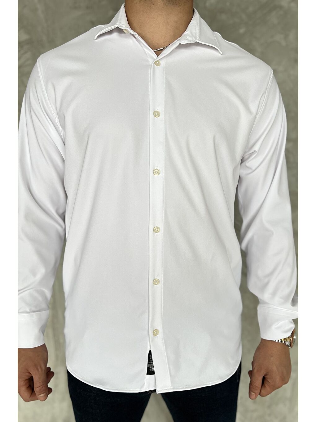 Beyaz Erkek Uzun Kol Elastanlı Oversize Gömlek-3