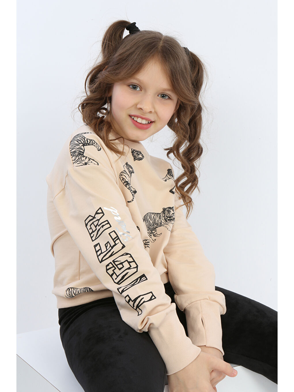 Bej Kız Çocuk Tiger Trend Baskılı Sweatshirt