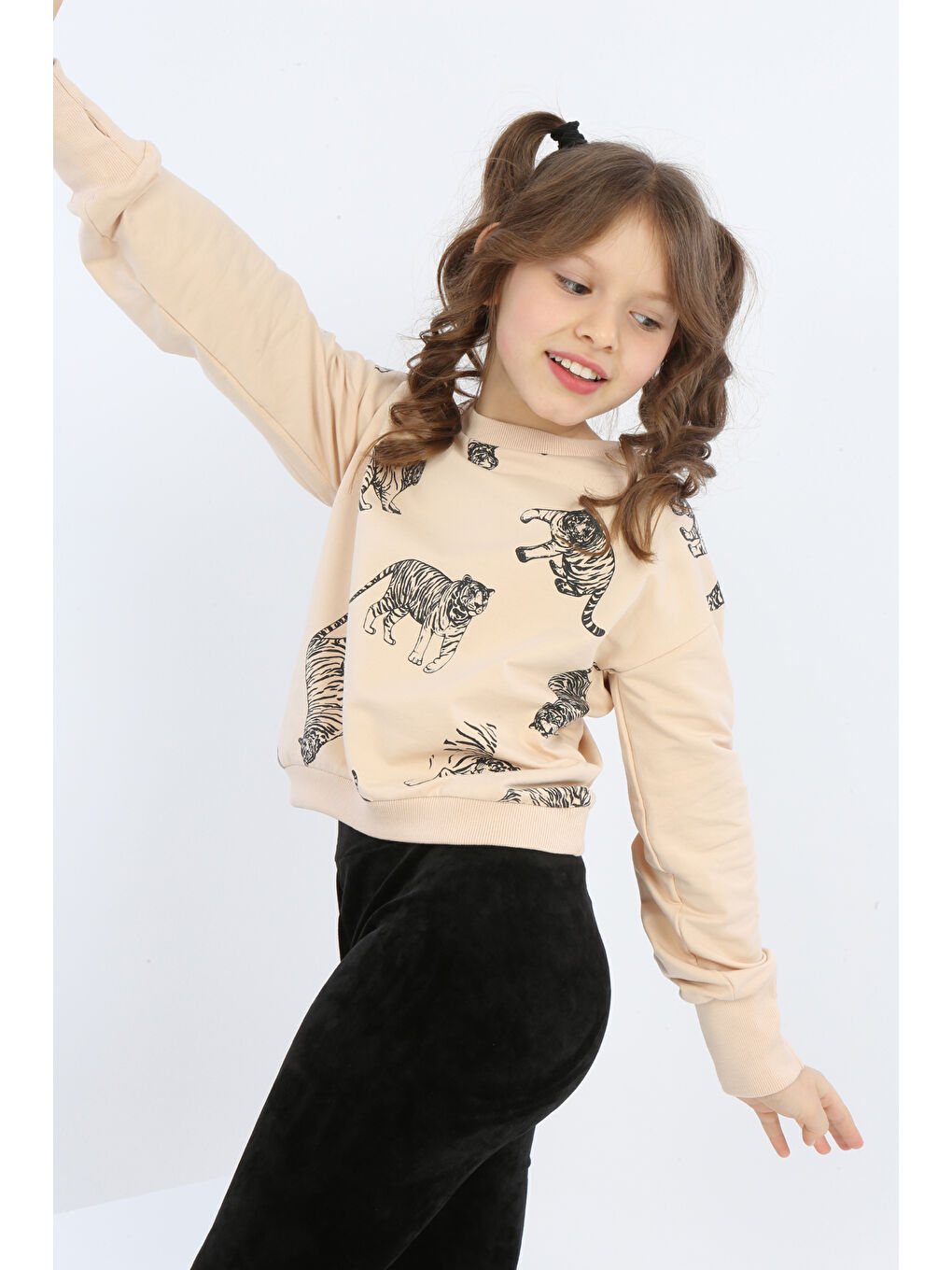 Bej Kız Çocuk Tiger Trend Baskılı Sweatshirt-1