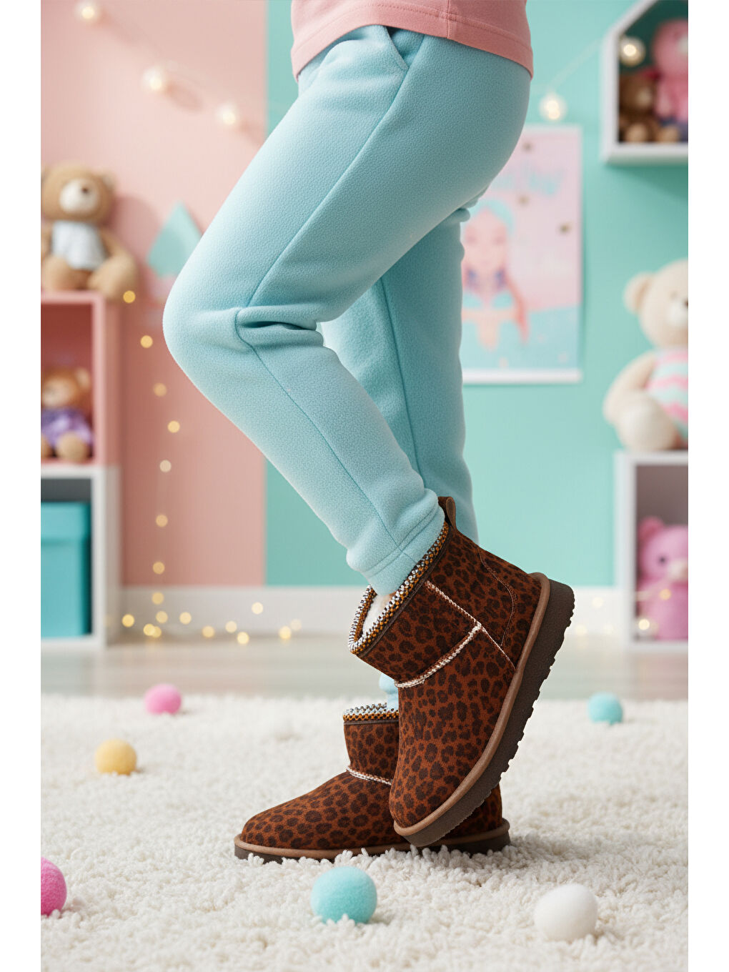 Karışık Leopar Süet İçi Kürklü Soğuğa Dirençli Kız Çocuk Bot Ugy F-3