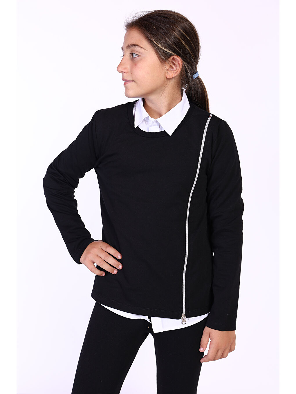 Siyah Kız Çocuk Fermuar Detaylı Baskılı Sweatshirt-1