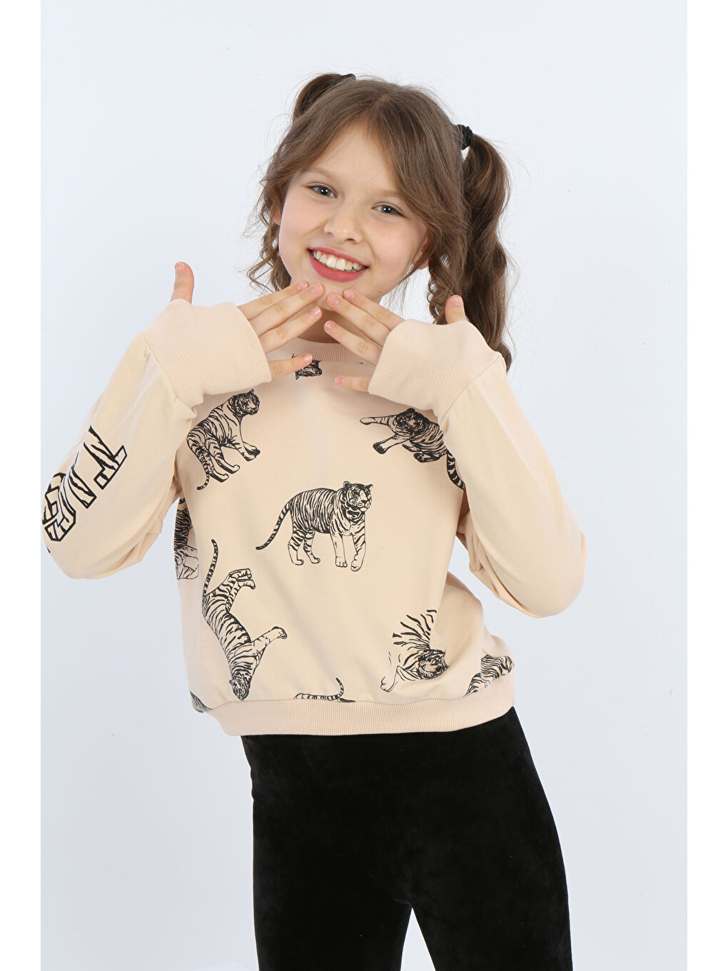 Bej Kız Çocuk Tiger Trend Baskılı Sweatshirt-4