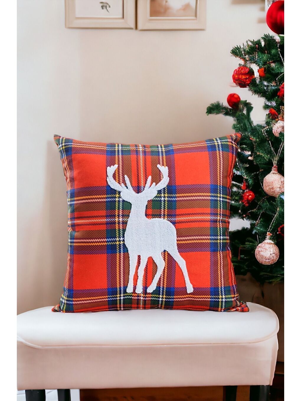 Bordo Yılbaşı Kırlent Kılıfı Kırmızı Ekose Kumaş Beyaz Punch Geyik Desenli Yeni Yıl Süzene Panç
