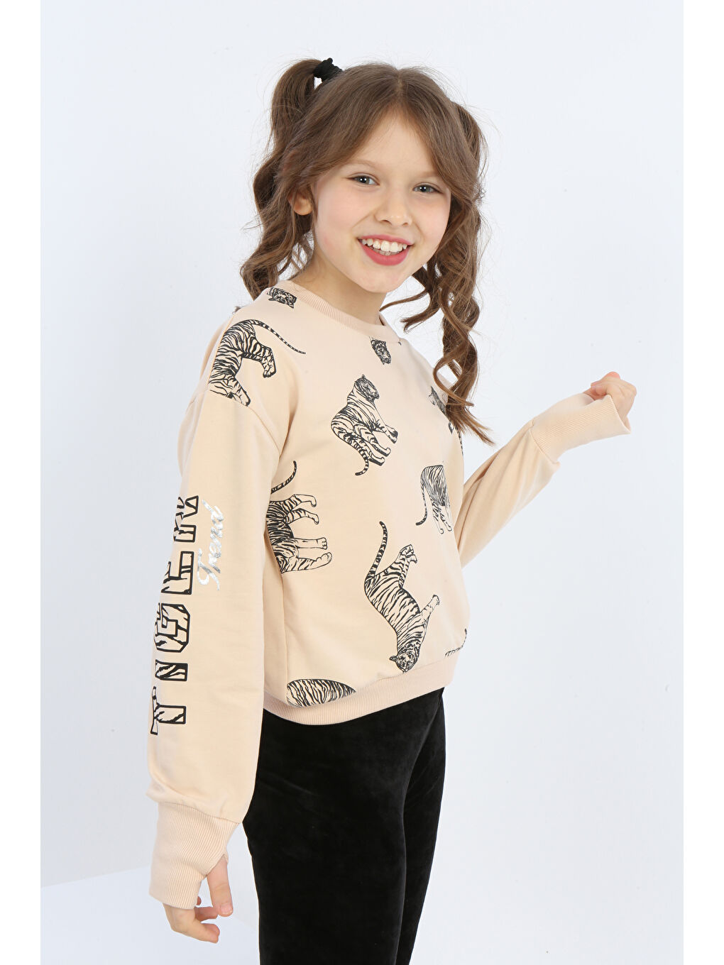 Bej Kız Çocuk Tiger Trend Baskılı Sweatshirt-5