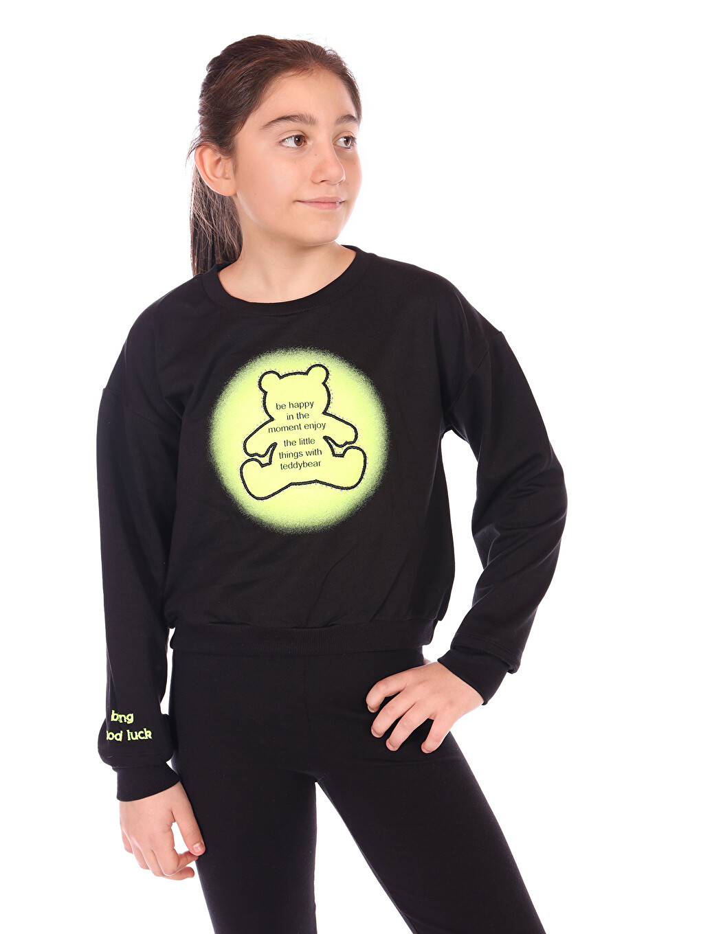 Siyah Kız Çocuk Ayıcık Baskılı Sweatshirt