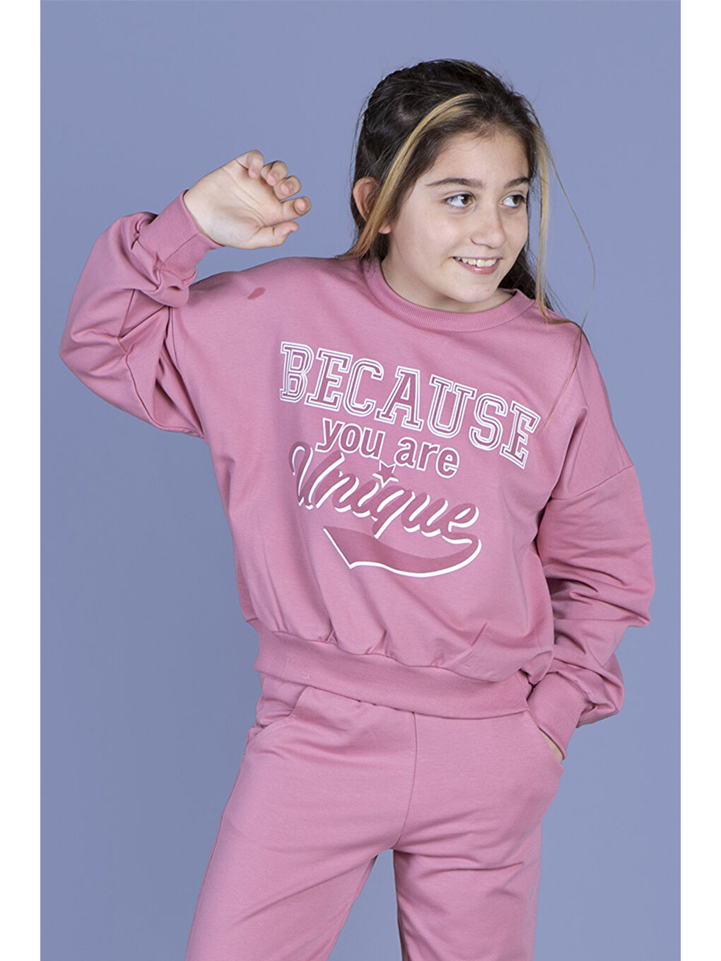 Pembe Kız Çocuk Baskılı Düşük Kol Sweatshirt