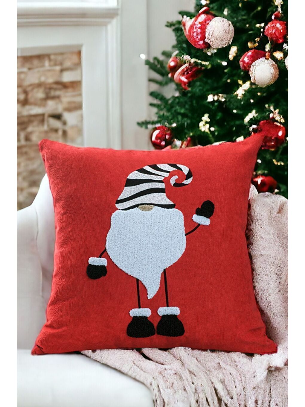 Yılbaşı Kırlent Kılıfı Kırmızı Punch Desenli 06