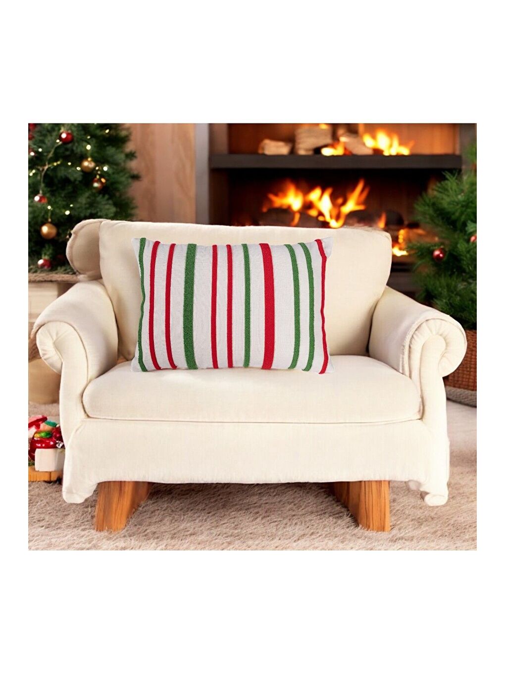 Yeşil Yılbaşı Kırlent Kılıfı Beyaz Zemin  Punch  Desenli Yeni Yıl Süzene Panç 40x60-2