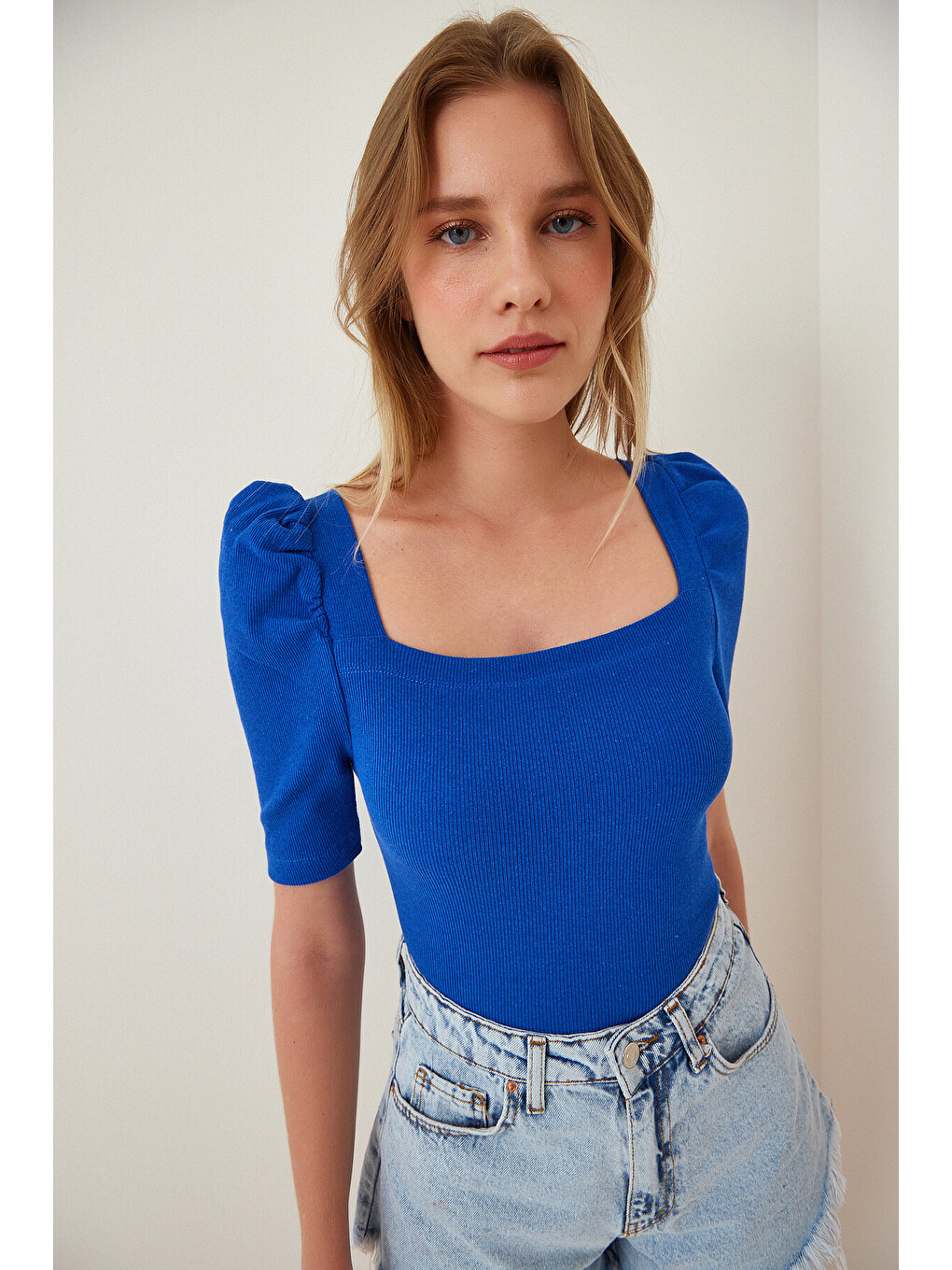 Mavi Kare Yaka Fitilli Crop Bluz KOYU MAVİ LGT0011-1