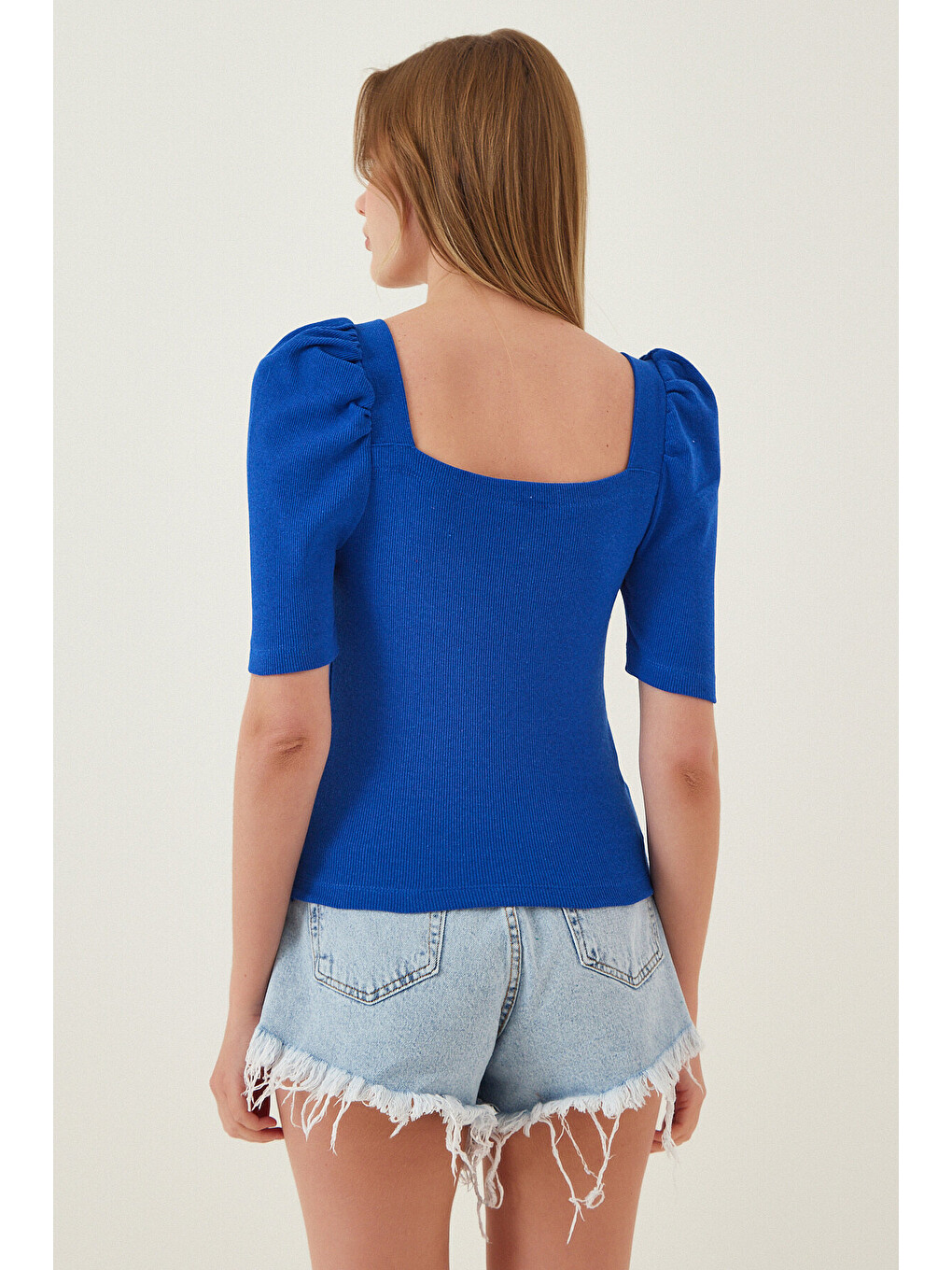Mavi Kare Yaka Fitilli Crop Bluz KOYU MAVİ LGT0011-2