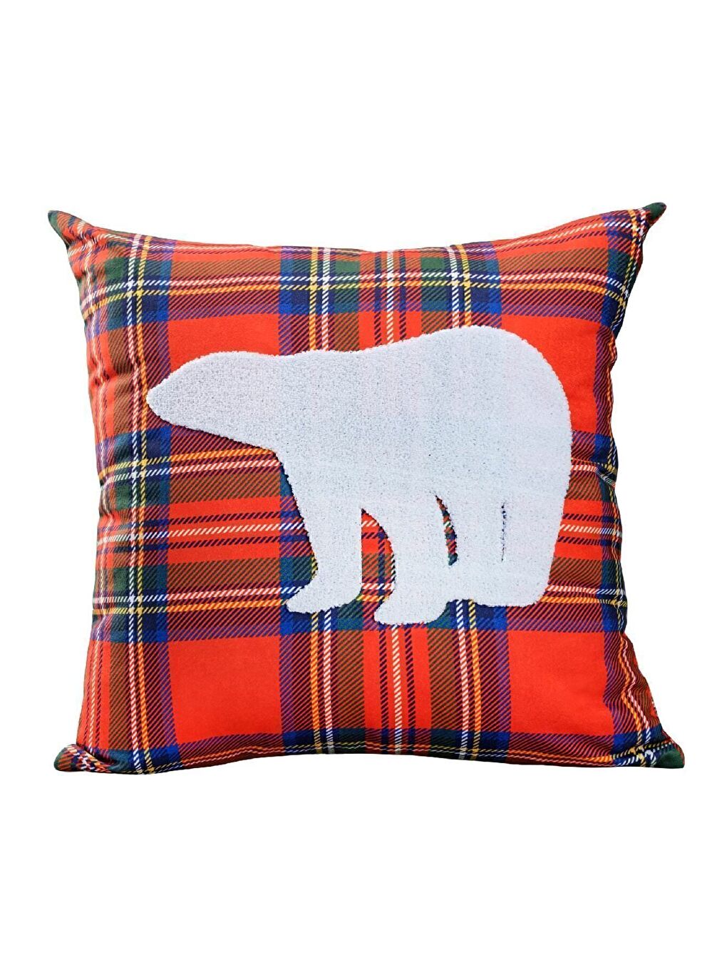 Gri Yılbaşı Kırlent Kılıfı Kırmızı Ekose Kumaş Beyaz Punch Boz Ayı Desenli Süzene Panç-1