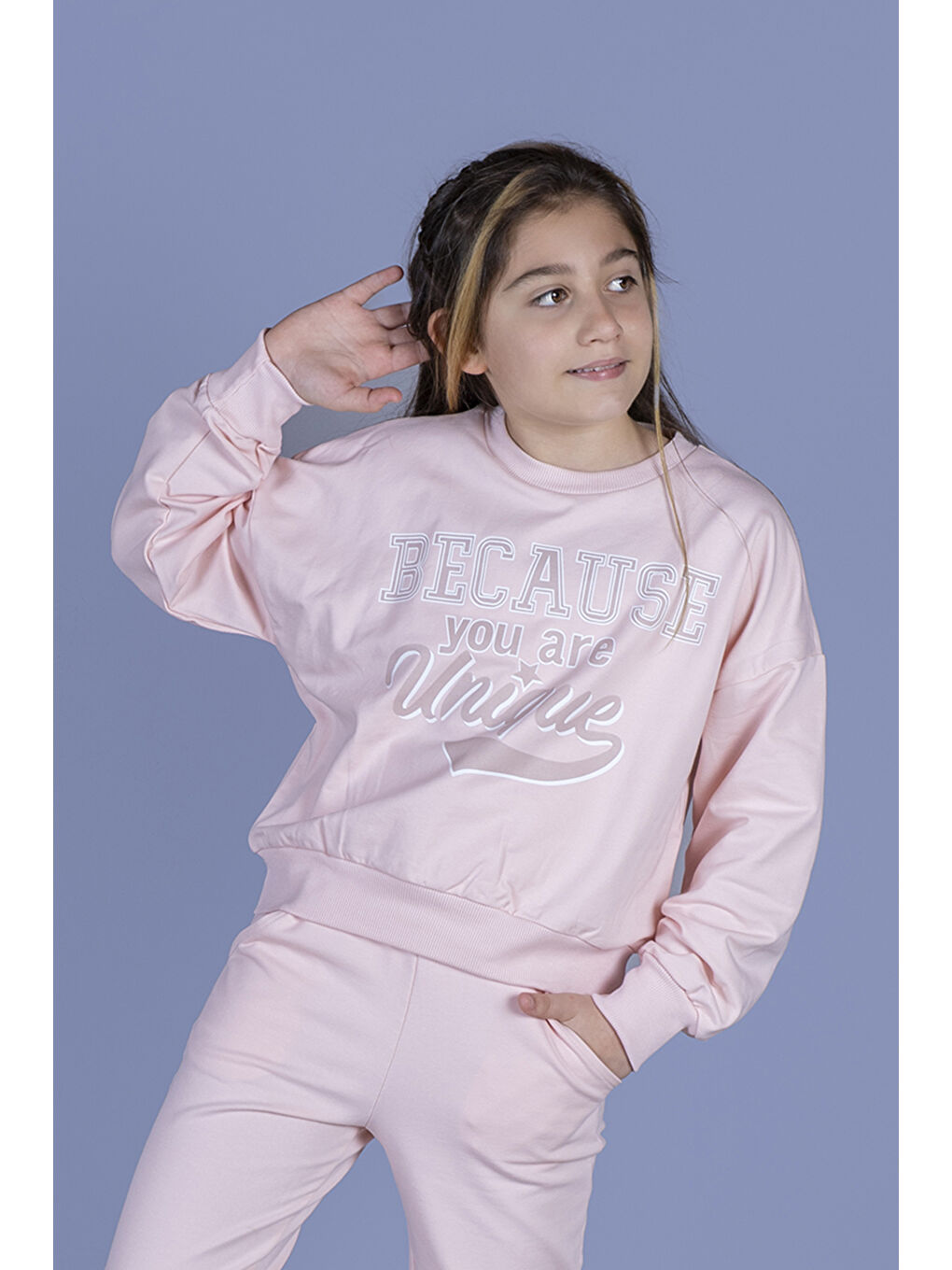 Pembe Kız Çocuk Baskılı Düşük Kol Sweatshirt-1