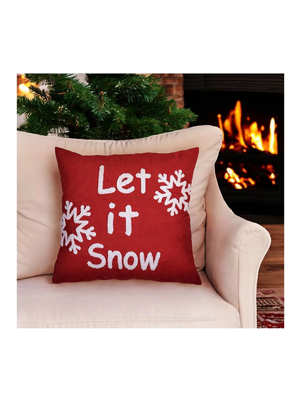 Beyaz Yılbaşı Kırlent Kılıfı Kırmızı Zemin  Punch  Desenli Yeni Yıl Süzene Panç 45x45