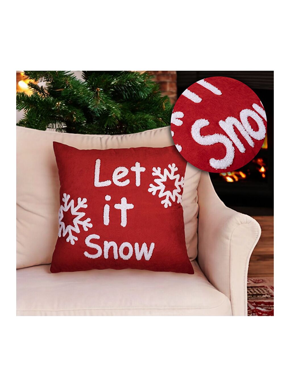 Beyaz Yılbaşı Kırlent Kılıfı Kırmızı Zemin  Punch  Desenli Yeni Yıl Süzene Panç 45x45-2