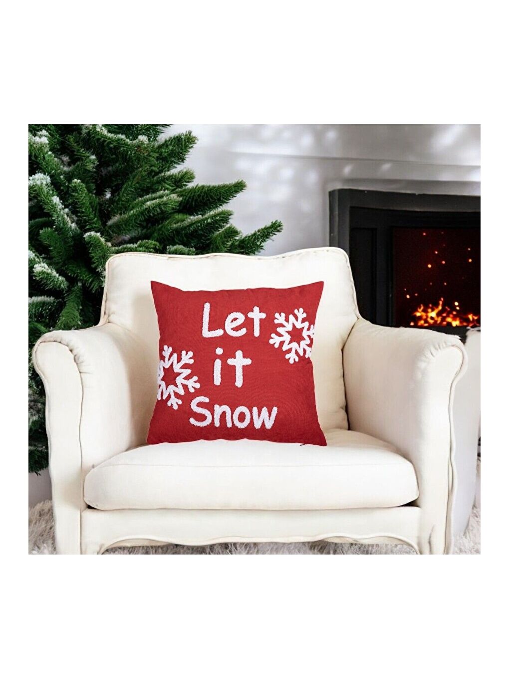 Beyaz Yılbaşı Kırlent Kılıfı Kırmızı Zemin  Punch  Desenli Yeni Yıl Süzene Panç 45x45-4