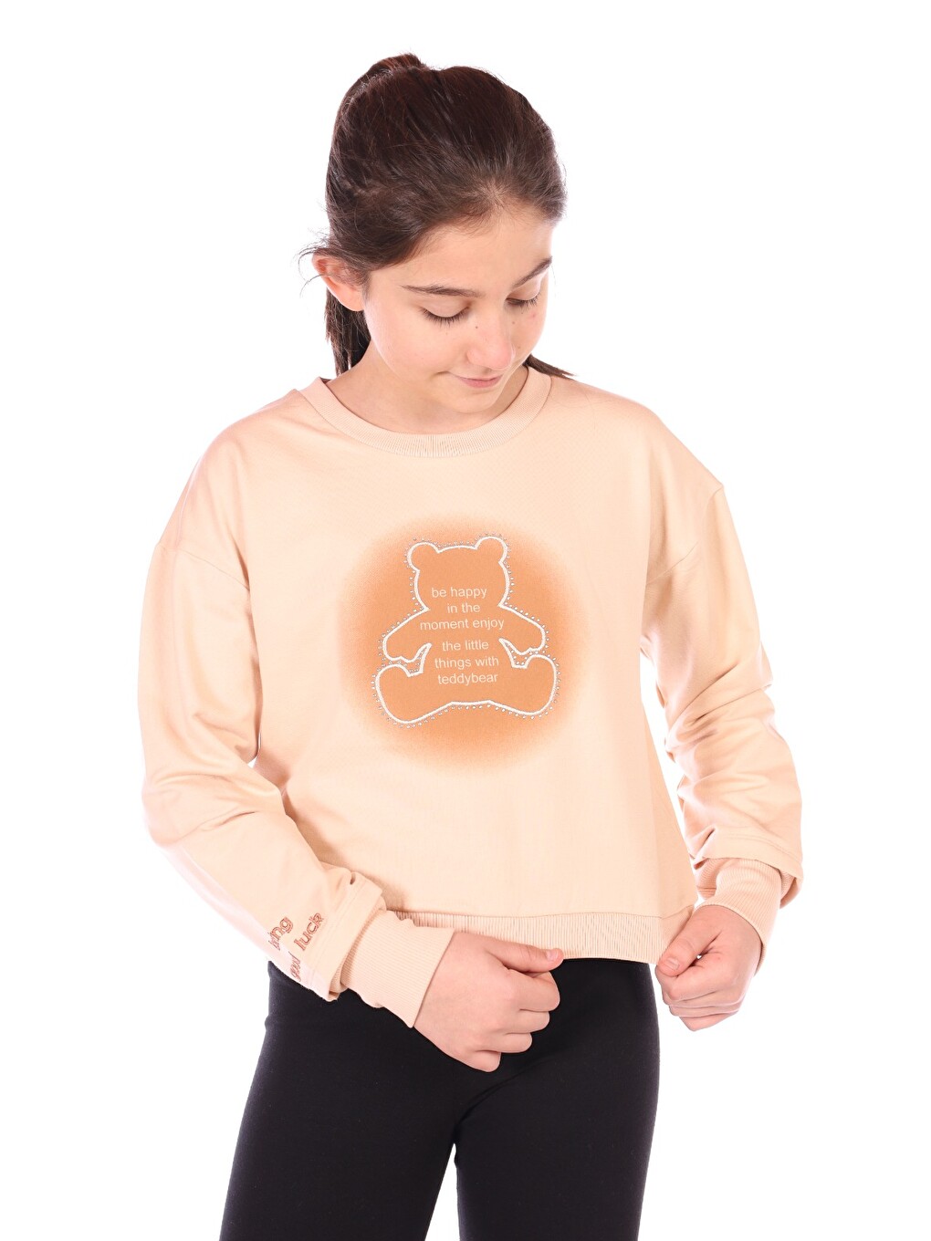 Bej Kız Çocuk Ayıcık Baskılı Sweatshirt-6